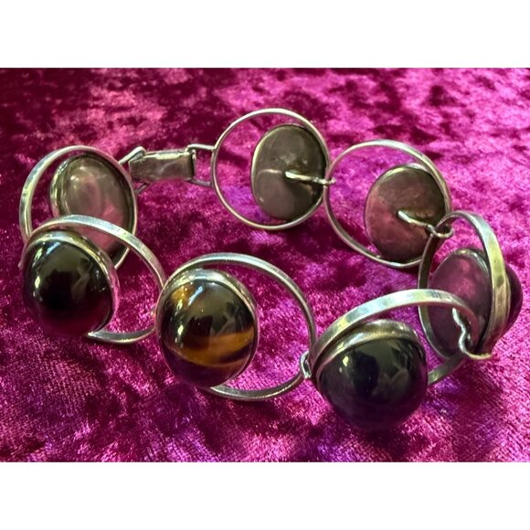 Vtg  Silver Bracelet  Regular, Black, Iron Tigers Eye Signed - Picture 1 of 12